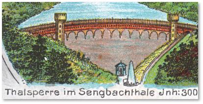 Detail aus der Postkarte: Sperrmauer der Solinger Talsperre plus Springbrunnen