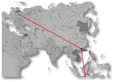 Clickable Karte mit der Flugroute - Frankfurt - Hongkong - Denpasar/Bali