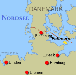 Karte - Norddeutschland, gelb markiert die Insel Fehmarn