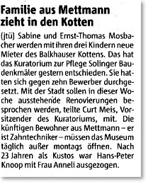 Zeitungsscan: Familie aus Mettmann zieht in den Kotten