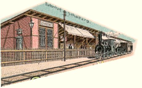 Schaberger Bahnhof als Zeichnung auf einer Postakrte aus dem Jahr 1898
