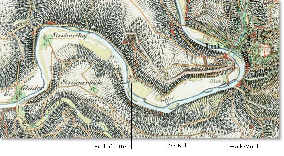 Ausschnitt aus einer 1844 gezeichneten Landkarte, der den Verlauf der Wupper in Unterburg zeigt.