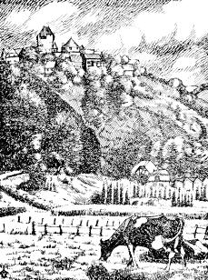 Federzeichnung zeigt Schloss Burg von Westen aus gesehen