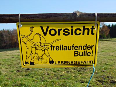 Schild: Vorsicht - freilaufender Bulle! ^ Lebensgefahr